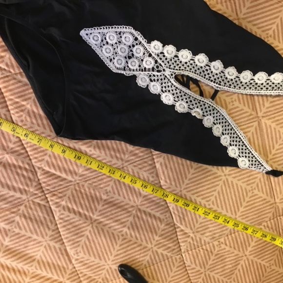 Black deep V halter swimsuit, cream crochet trim, size small - Picture 3 of 5